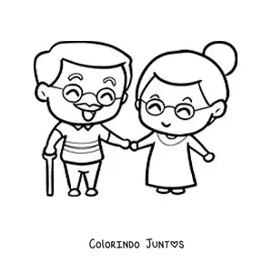 Desenho para colorir de casal de idosos apaixonados de maos dadas