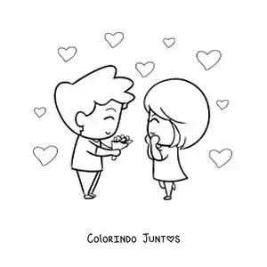 Desenho para colorir de menino dando um buque de flores para a amada