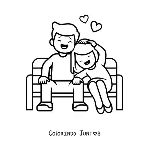 Desenho para colorir de casal de namorados sentados rindo juntos com coracoes