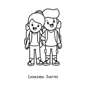 Desenho para colorir de casal de namorados excursionistas viajando juntos