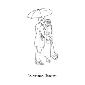 Desenho para colorir de casal se beijando na chuva