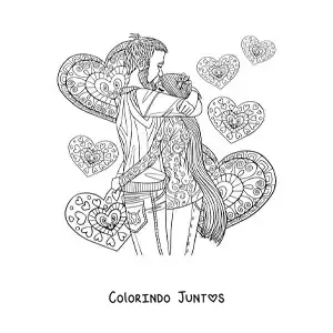 Desenho para colorir de casal se abracando com coracoes