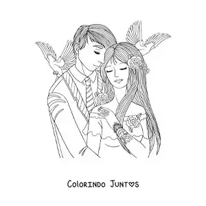 Desenho para colorir de casal se casando com pombas ao fundo