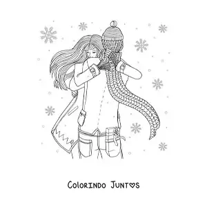 Desenho para colorir de casal se abracando na neve