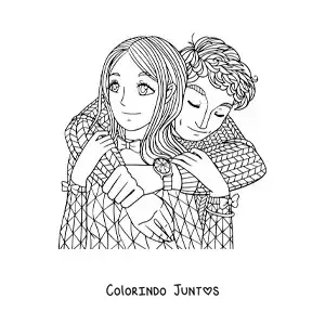 Desenho para colorir de casal de namorados abracados