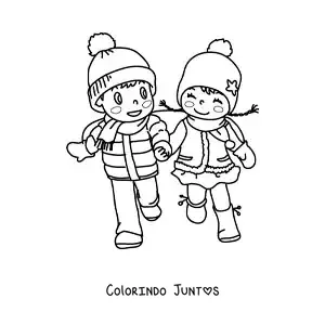 Desenho para colorir de menino e menina de maos dadas no inverno