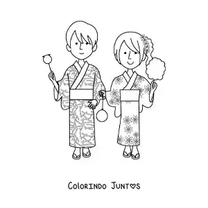 Desenho para colorir de casal japones