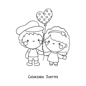 Desenho para colorir de casal apaixonado com balao de coracao