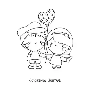 Desenho para colorir de casal apaixonado com balao de Sao Valentim