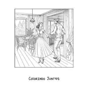 Desenho para colorir de casal vintage dancando em casa