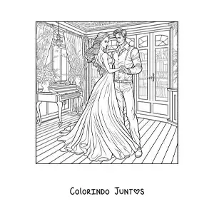 Desenho para colorir de casal vintage elegante dancando valsa em uma casa