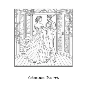 Desenho para colorir de cena romantica de um casal dancando no jardim