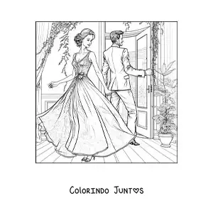 Desenho para colorir de lindo casal vintage em uma casa com jardim