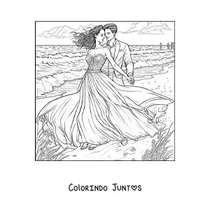 Desenho para colorir de cena romantica de um casal na praia