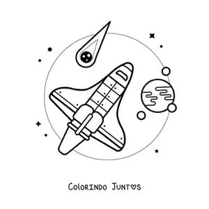 Desenho para colorir de um foguete no espaco junto a asteroides e planetas