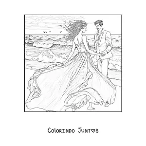Desenho para colorir de cena romantica de namorados na praia