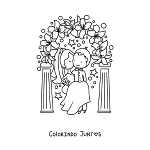 Desenho para colorir de casal feliz animado em seu casamento com flores