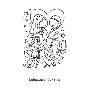 Desenho para colorir de casal feliz animado em seu casamento com rosas e coracoes