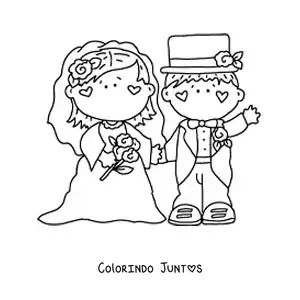 Desenho para colorir de caricatura do noivo e da noiva em seu casamento