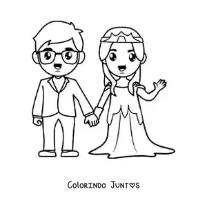 Desenho para colorir de casal de noivos animado em seu casamento