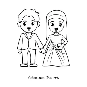 Desenho para colorir de noivo e noiva em seu casamento