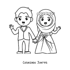 Desenho para colorir de noivo e noiva de hijab em seu casamento