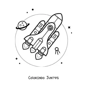 Desenho para colorir de um foguete no espaco junto a um planeta