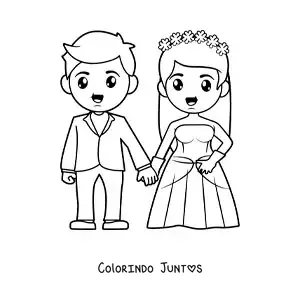 Desenho para colorir de noivo e noiva de vestido em seu casamento