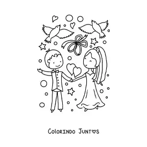 Desenho para colorir de casal fofo animado em seu casamento com coracoes e pombas