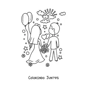 Desenho para colorir de casal de recem-casados no dia do casamento com coracoes e flores
