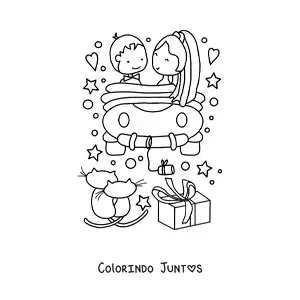 Desenho para colorir de casal de recem-casados em um carro com coracoes