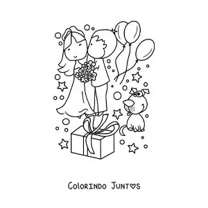 Desenho para colorir de casal de noivos animado em seu casamento com presentes
