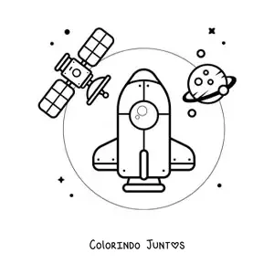 Desenho para colorir de um foguete no espaco junto a um satelite e um planeta