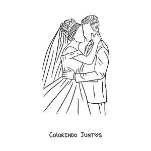 Desenho para colorir de noivos se beijando em seu casamento