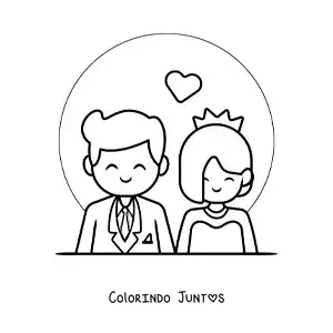 Desenho para colorir de casal feliz de noivos animado em seu casamento com coracoes