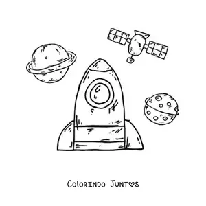 Desenho para colorir de um foguete em estilo cartum no espaco