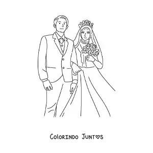 Desenho para colorir de lindo casal de noivo e noiva de hijab em seu casamento