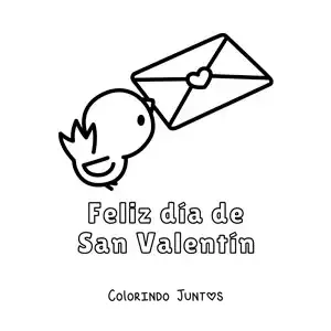 Desenho para colorir de pássaro com uma carta de amor e a frase feliz dia dos namorados