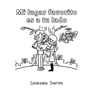 Desenho para colorir de casal debaixo de uma árvore e a frase meu lugar favorito é ao seu lado