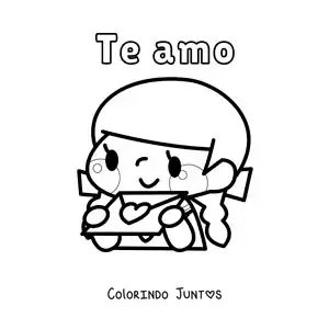 Desenho para colorir de menina com carta de amor e a frase eu te amo