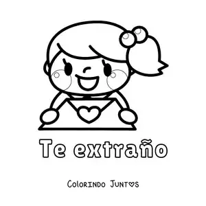 Desenho para colorir de menina com carta de amor e a frase sinto sua falta