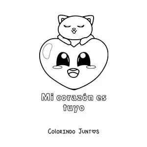 Desenho para colorir de gato com um coração e a frase meu coração é seu