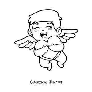Desenho para colorir de cupido abraçando um coração