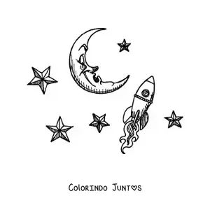 Desenho para colorir de um foguete em estilo cartum chegando a lua