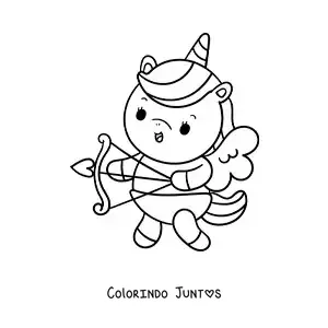 Desenho para colorir de unicórnio animado vestido de cupido atirando