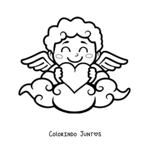 Desenho para colorir de cupido animado com um coração em uma nuvem