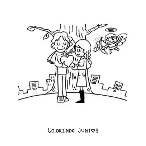Desenho para colorir de cupido flechando um casal apaixonado