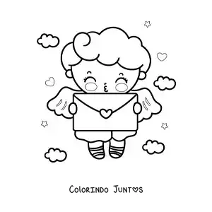 Desenho para colorir de anjo cupido animado com uma carta de amor