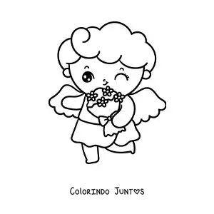 Desenho para colorir de anjo cupido animado com um buquê de flores
