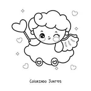 Desenho para colorir de anjo cupido animado com um coração em uma nuvem